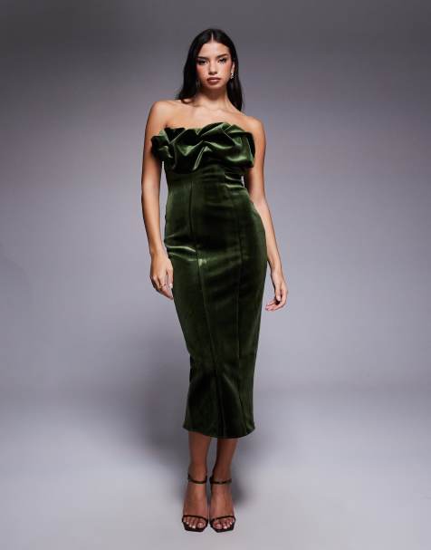 ASOS DESIGN – Khakigrön midiklänning i sammet med strukturerad bandeauringning och liv med volang - view 1