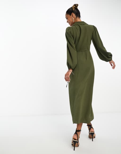 ASOS DESIGN – Khakigrön midiklänning med krage och omlott, 3 av 4