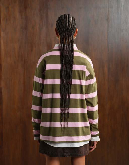 ASOS DESIGN – Khakigrön- och rosarandig, oversize t-shirt med långa ärmar, 3 av 4