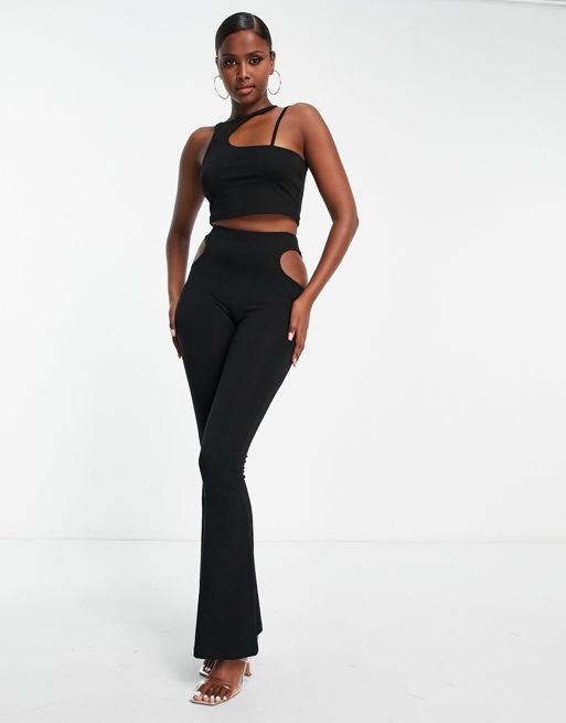 Black Jersey Cut Out Hip Skinny Flared Pants
