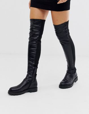 black leather thigh high flat boots