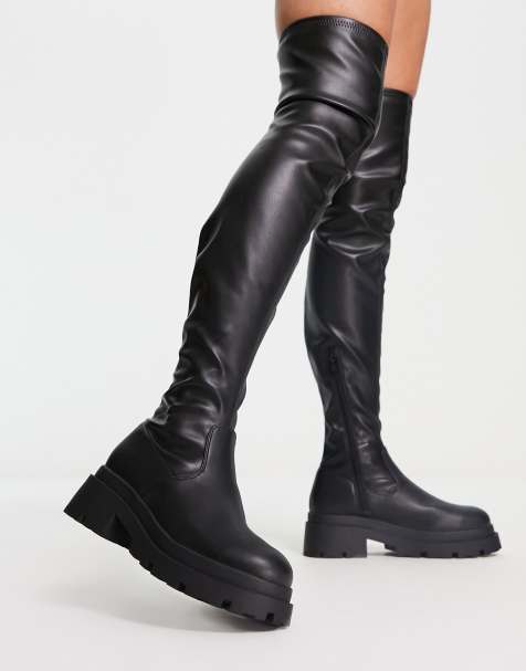 black leather thigh high boots flat