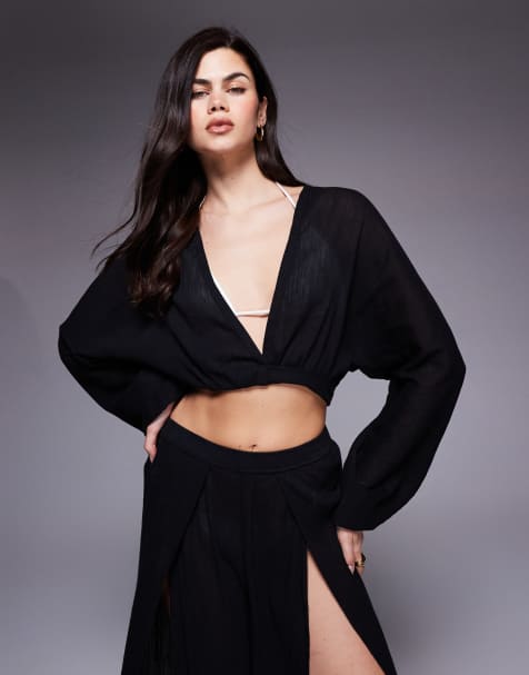 ASOS DESIGN – Kiki – Langärmliges Strandoberteil in Schwarz mit tiefem Ausschnitt - view 1
