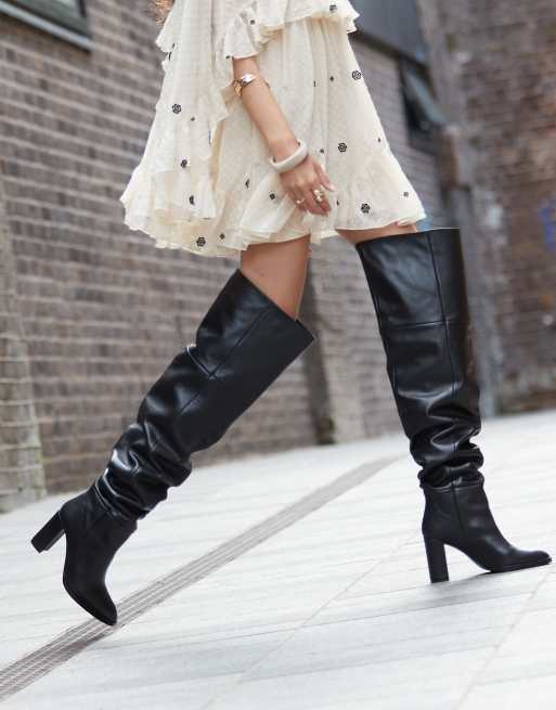 ASOS DESIGN Kiki premium heeled leather over the knee boots in black