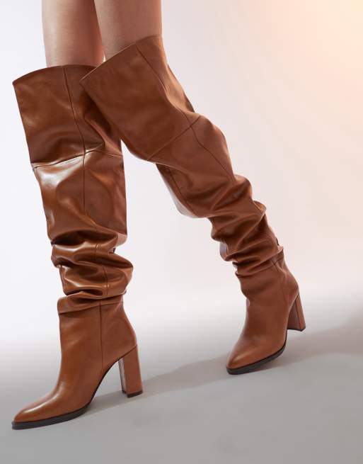 ASOS DESIGN Kiki premium heeled leather over the knee boots in tan ASOS