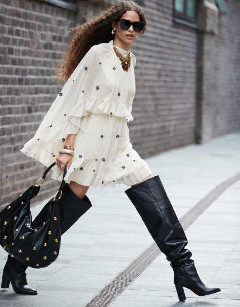 ASOS DESIGN – Kiki – Premium – Svarta lårhöga stövlar i läder med klackar - view 1