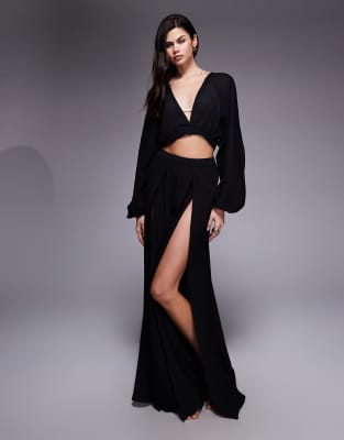 ASOS DESIGN - Kiki - Strandhose in Schwarz mit Schlitz vorne