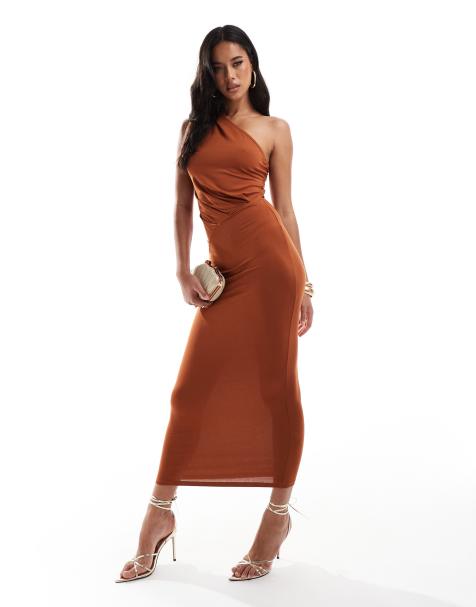 ASOS DESIGN - Kiksefarvet midikjole med oneshoulder-snit og plisseringsdetalje - view 1