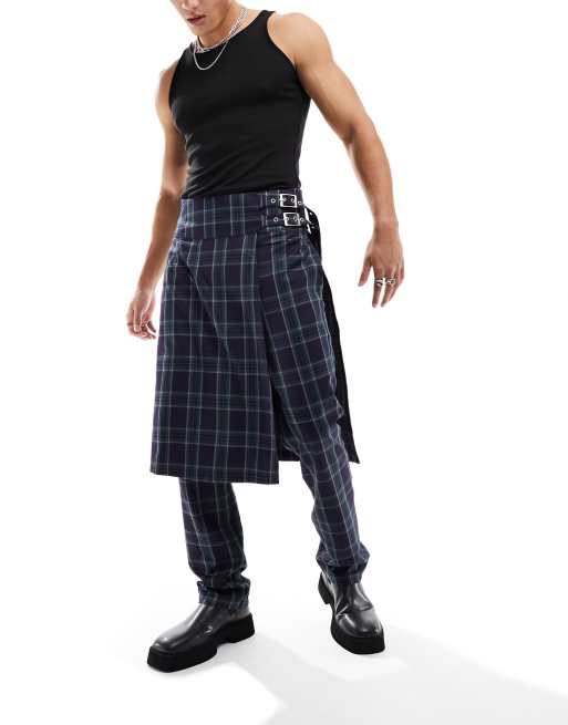 ASOS DESIGN kilt pants in navy tartan plaid