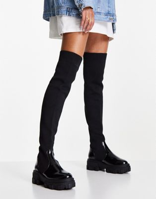 ASOS DESIGN Kimmy flat chunky over the knee boots in black - ASOS Price Checker