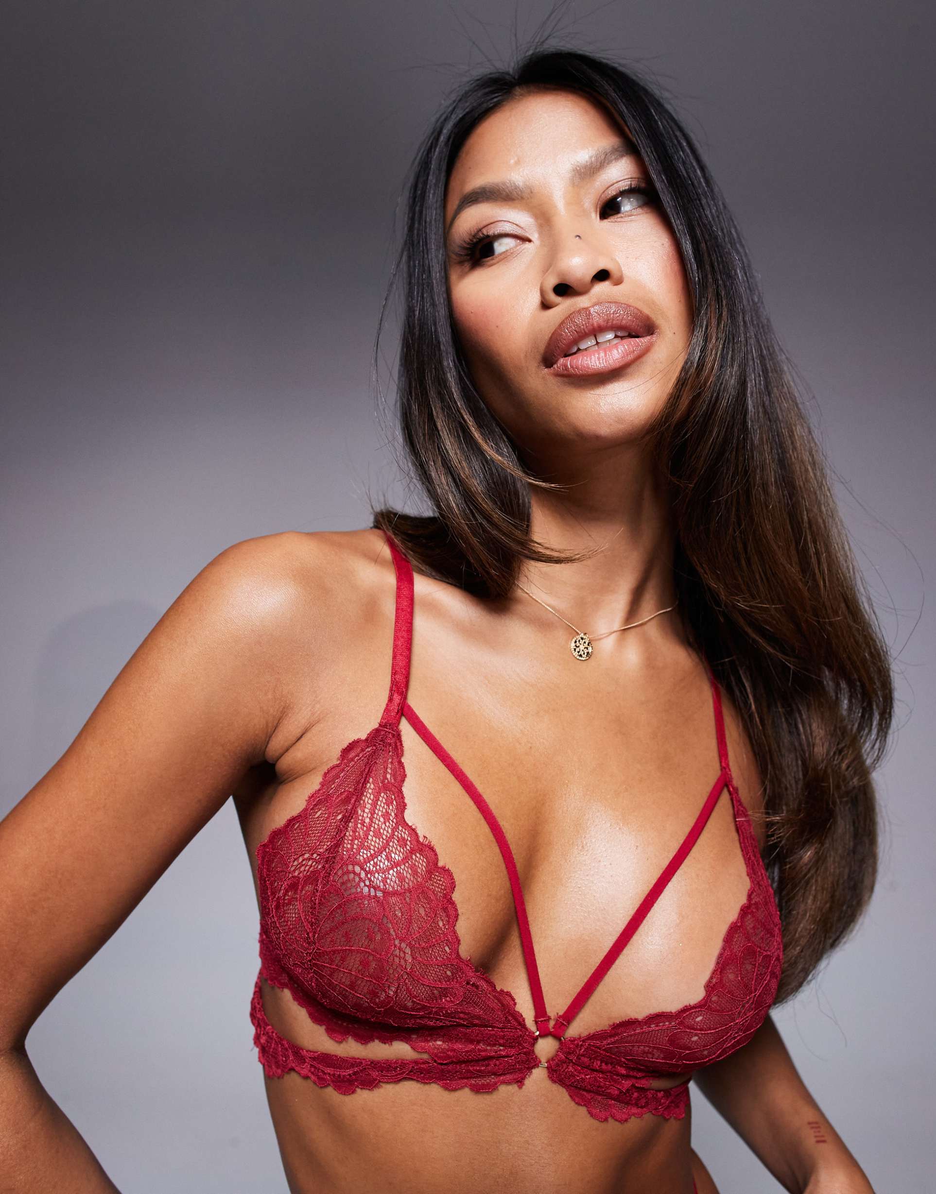 asos design kimmy lace strappy cut out triangle bra in burgundy