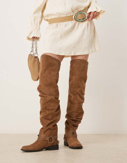 ASOS DESIGN Kimmy suedette over the knee boots with harness details in sand