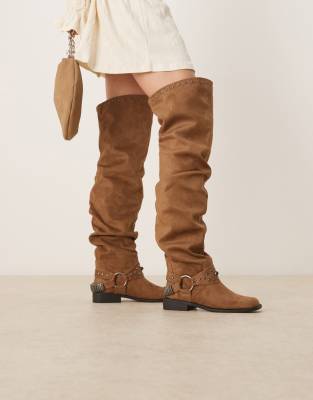 Asos Design Kimmy Suedette Over The Knee Boots With Harness In Brown