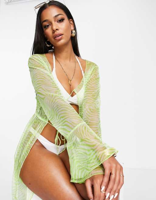 ASOS DESIGN - Kimono da mare in rete allacciato sul davanti con stampa zebrata fluo, 3 di 4