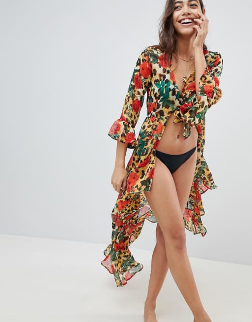 ASOS DESIGN - Kimono da spiaggia allacciato sul davanti con stampa animelier con rose
