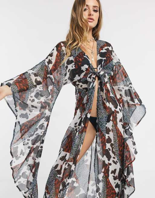 ASOS DESIGN Kimono de plage long et glamour a manches exagerees et imprime animal floral