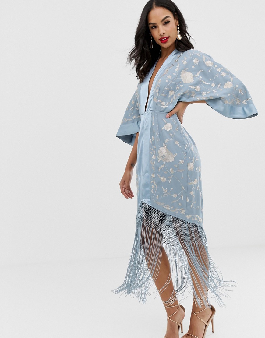 ASOS DESIGN kimono embroidered midi dress with fringe hem-Beige