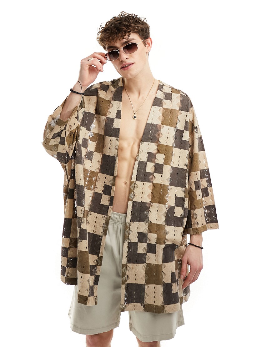 ASOS DESIGN kimono in neutral and brown checker print