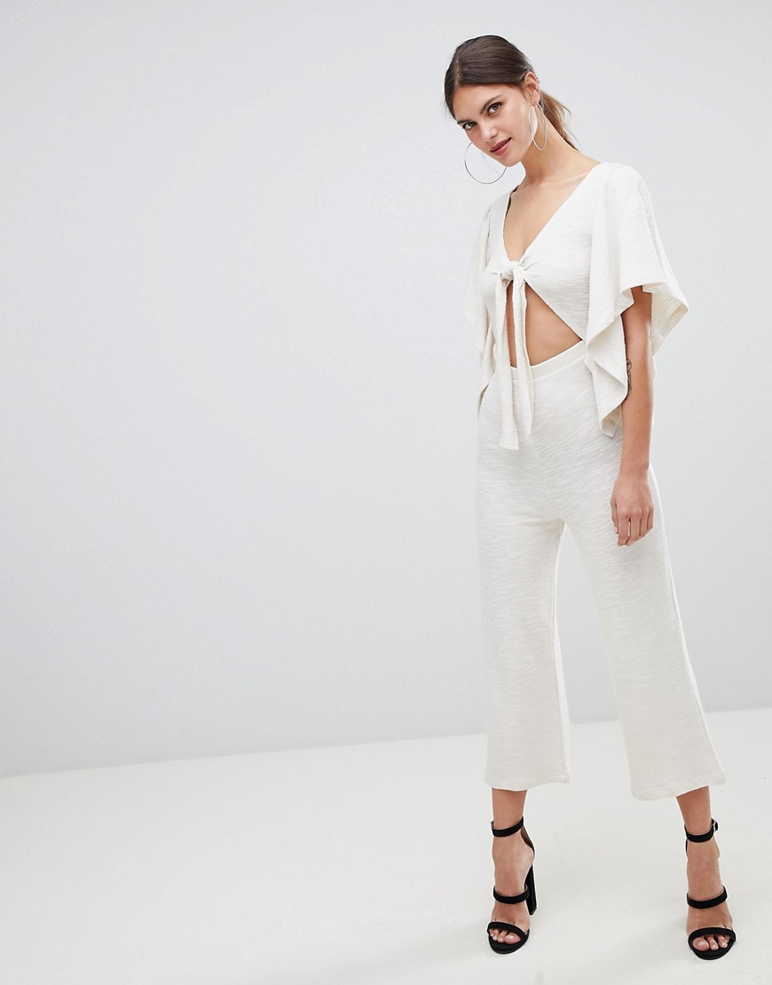ASOS DESIGN kimono jumpsuit with cut out and tie detail in jersey-Beige