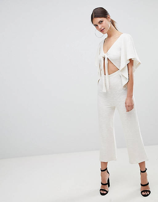 ASOS DESIGN kimono jumpsuit with cut out and tie detail in jersey