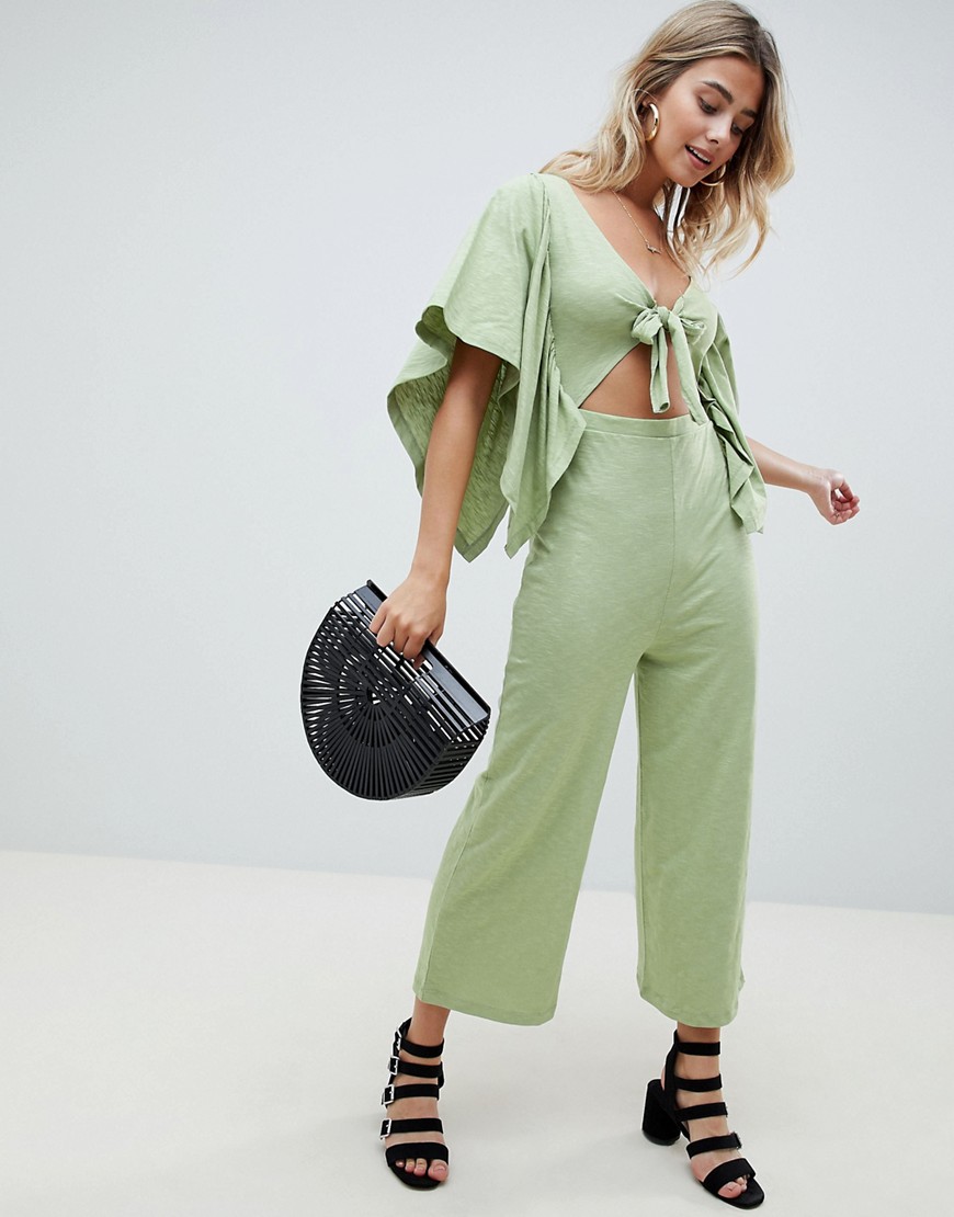 ASOS DESIGN kimono jumpsuit with cut out and tie front in slub jersey-Green