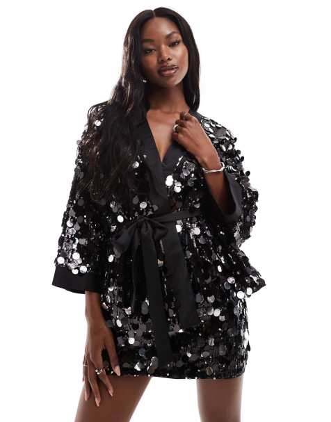 ASOS DESIGN - Kimono met discolovertjes in zwart - view 1
