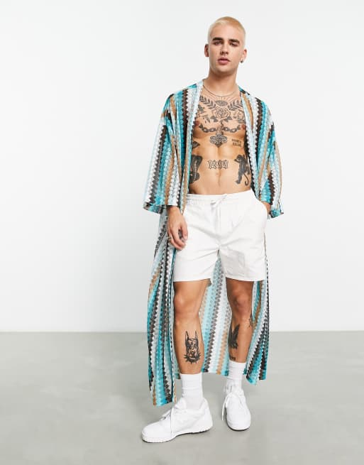 ASOS DESIGN - Kimono met lange pasvorm in blauw gehaakt