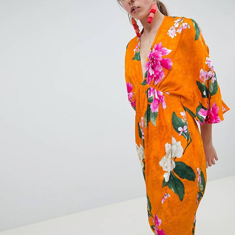Patentar Motel Cartero ASOS DESIGN Kimono Midi Dress In Bold Floral Jacquard | ASOS