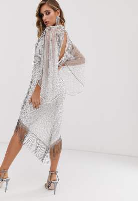 asos design kimono midi dress with delicate beaded embellishment