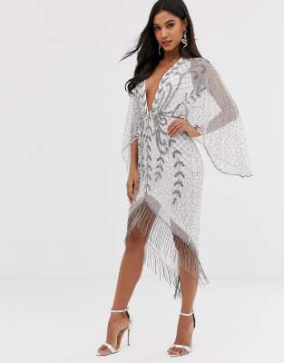 asos design kimono midi dress with delicate beaded embellishment