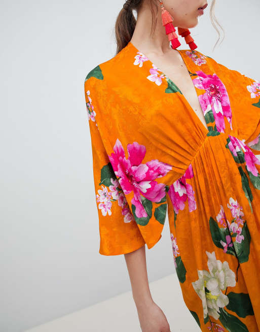 Asos design kimono sleeve sash midi dress in soft jacquard store