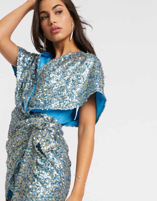 ASOS DESIGN kimono mini dress with tie side in all over multi sequin in base blue