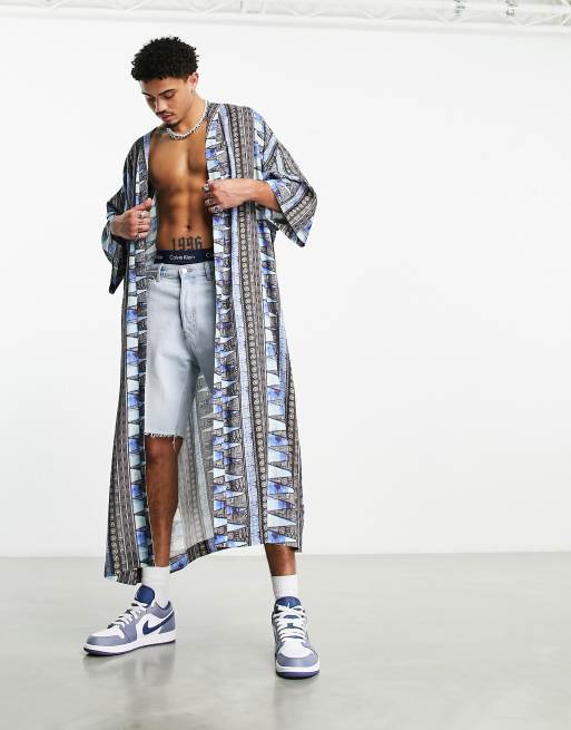 ASOS DESIGN – Kimono o wydłużonym fasonie w niebieski wzór aztecki