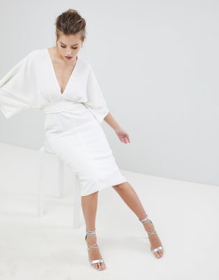 asos design structured plunge kimono midi dress with peplum