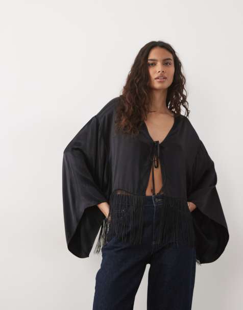 ASOS DESIGN - kimono satinado con flecos negro - view 1