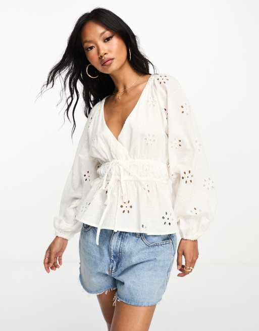 FhyzicsShops DESIGN kimono sleeve broderie top with tie waist in white