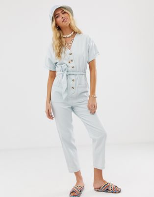 light blue denim jumpsuit