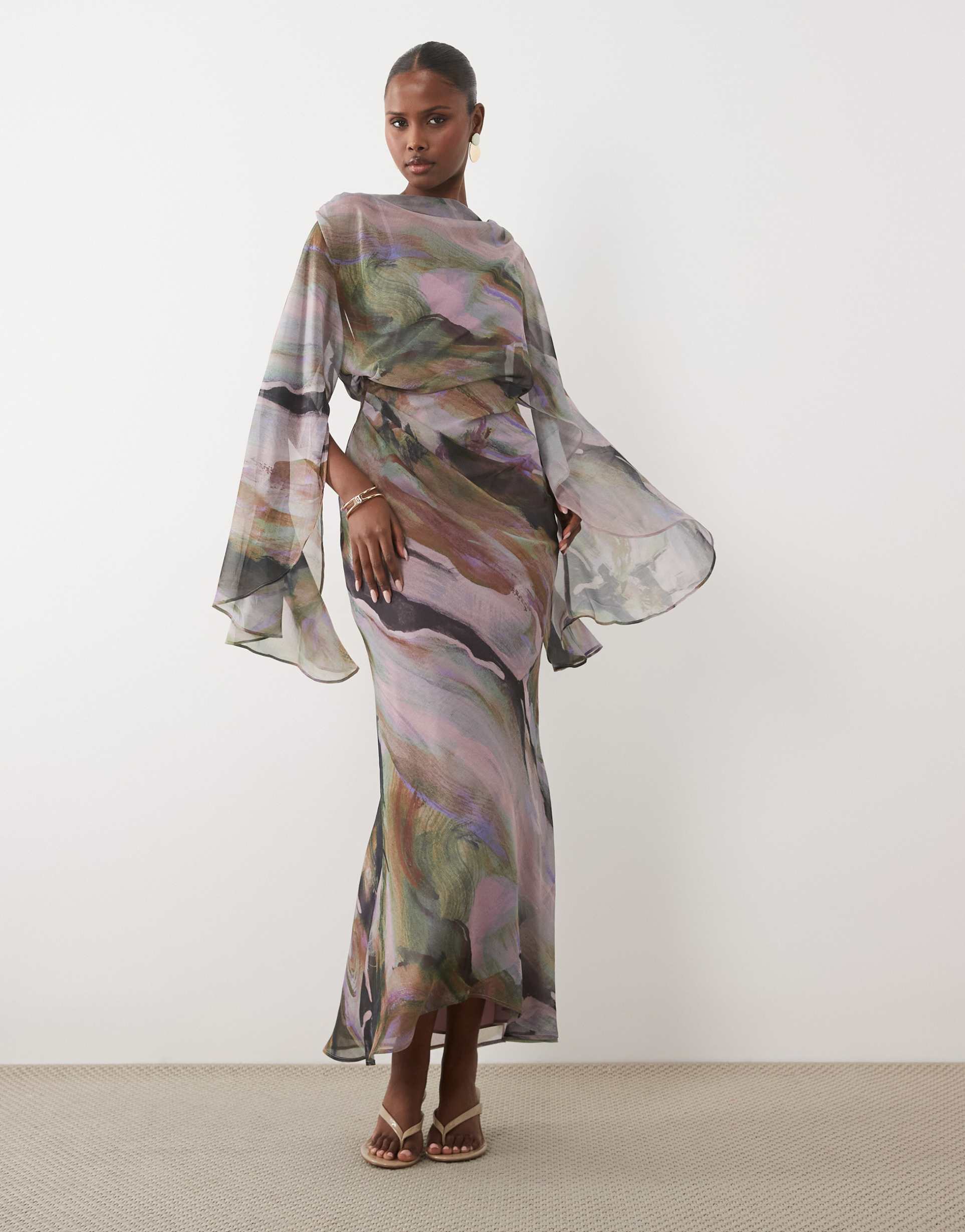 asos design kimono sleeve cape detail draped midaxi dress in abstract marble print
