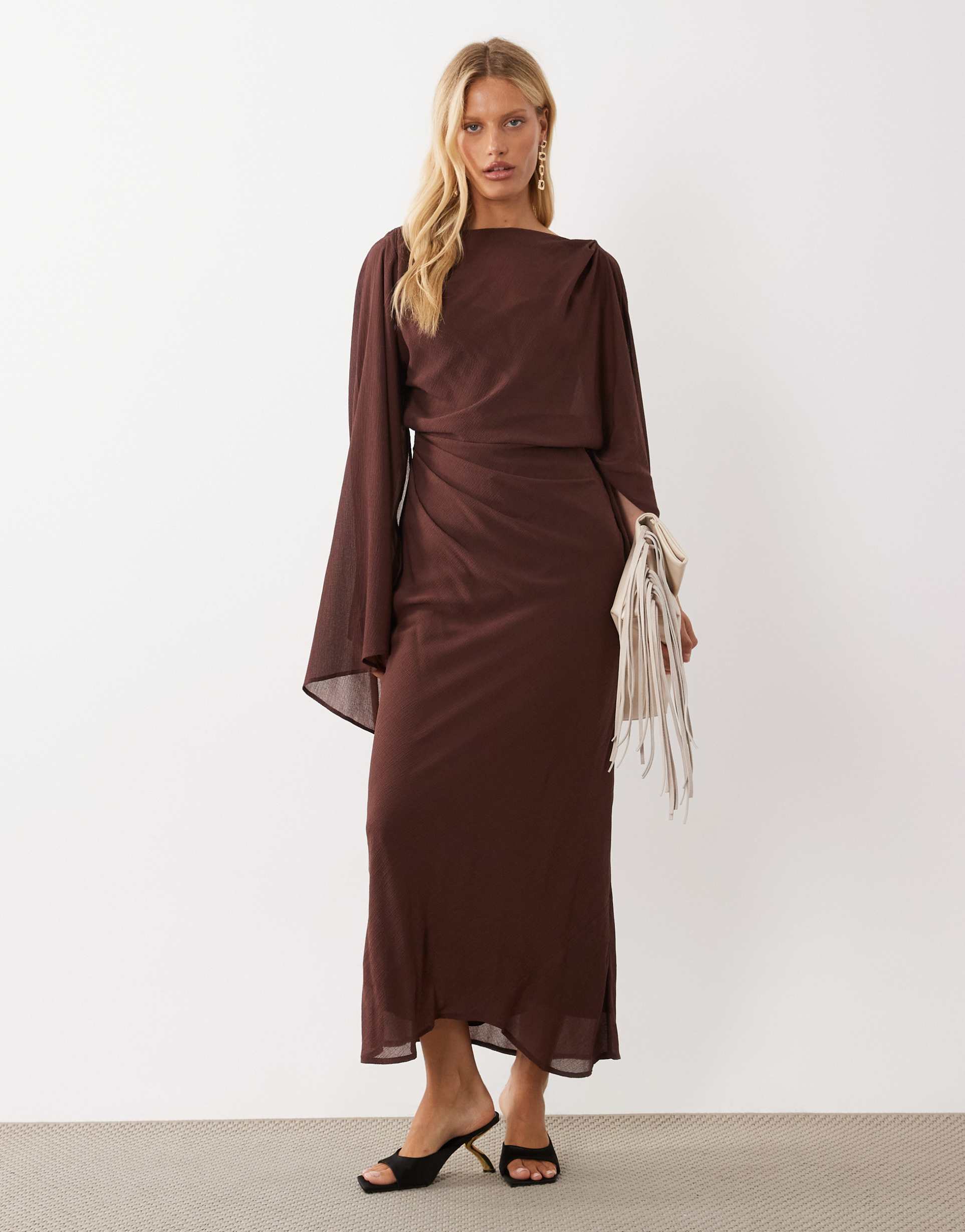 asos design kimono sleeve cape detail draped midaxi dress with open back in chocolate