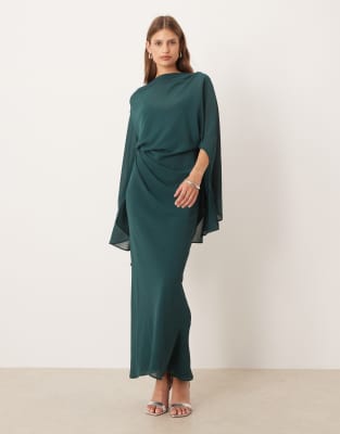 ASOS DESIGN kimono sleeve cape detail draped midaxi dress with open back in khaki-Green