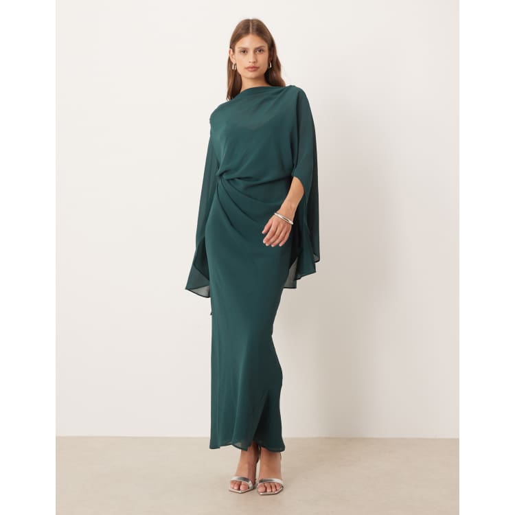 ASOS DESIGN kimono sleeve cape detail draped midaxi dress with open back in  khaki | ASOS