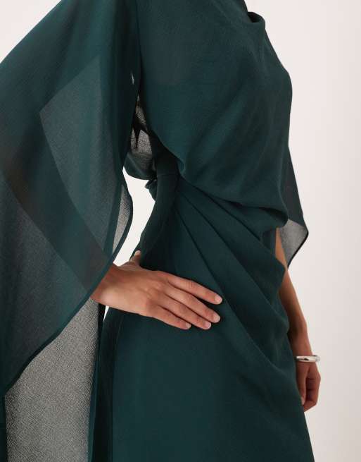ASOS DESIGN kimono sleeve cape detail draped midaxi dress with open back in khaki