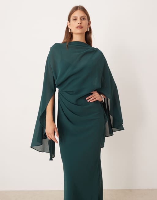 ASOS DESIGN kimono sleeve cape detail draped midaxi dress with open back in khaki