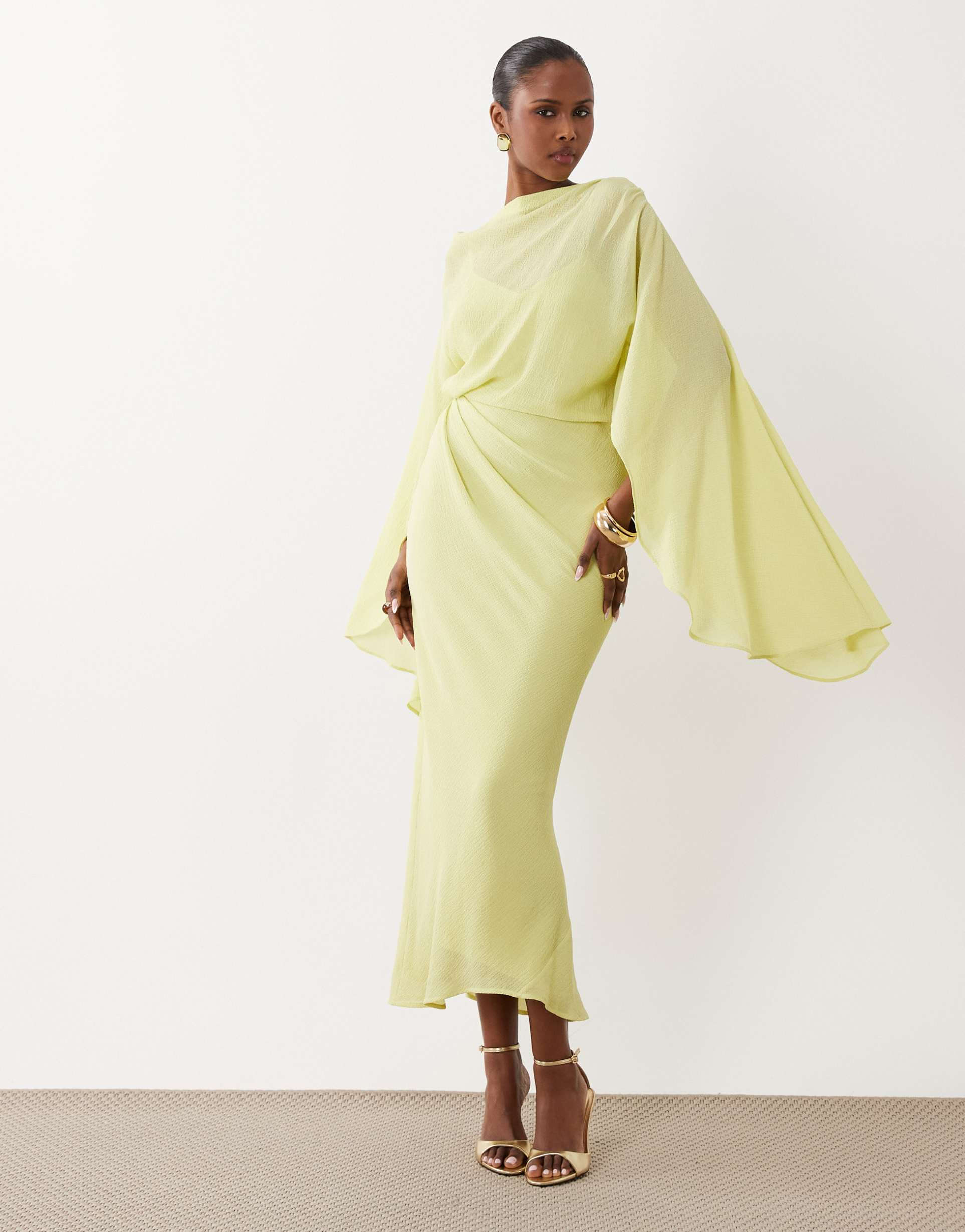 asos design kimono sleeve cape detail draped midaxi dress with open back in lime