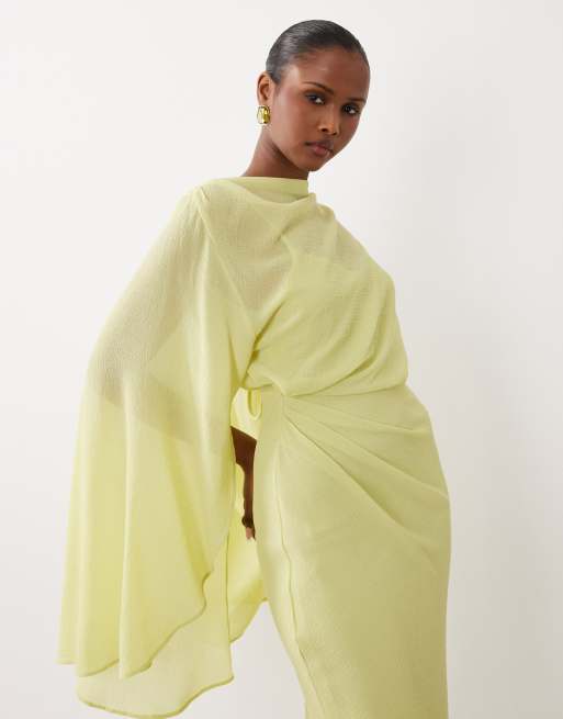 ASOS DESIGN kimono sleeve cape detail draped midaxi dress with open back in lime, 3 of 4