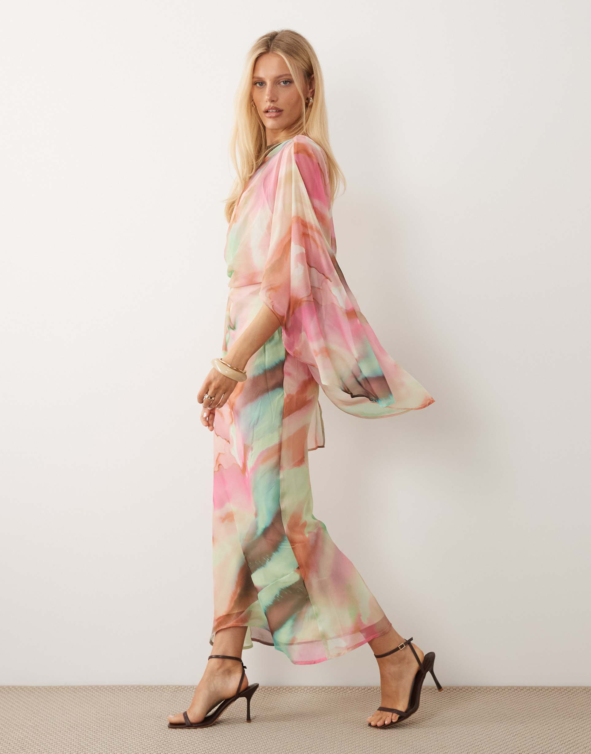 asos design kimono sleeve cape detail draped midaxi dress with open back in multicolor inky abstract