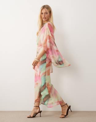 ASOS DESIGN kimono sleeve cape detail draped midaxi dress with open back in multicolour inky abstract