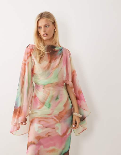 ASOS DESIGN kimono sleeve cape detail draped midaxi dress with open back in multicolour inky abstract, 2 of 4