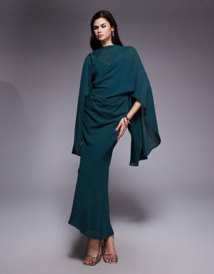 green emerald velvet dress Asos Edition Satin Kimono Sleeve Maxi Dress With Drape Skirt In Sage Green