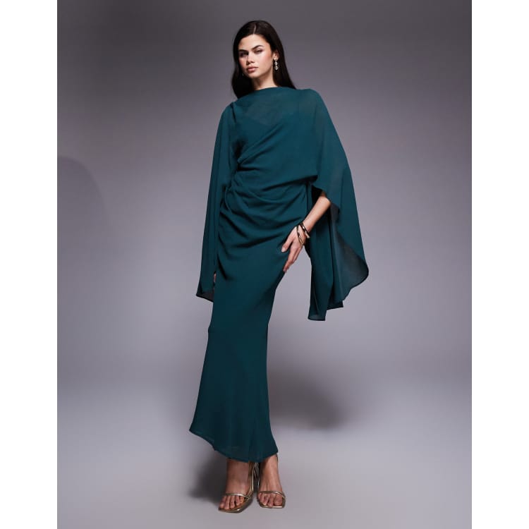 asos embroidered kimono dress ASOS DESIGN Curve satin wrap front kimono sleeve embroidered midi dress in  green